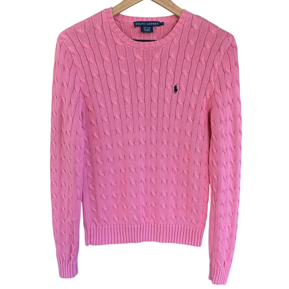 Ralph Lauren Pink Cable Knit Cotton Sweater Crew Neck Pony Logo Womens L